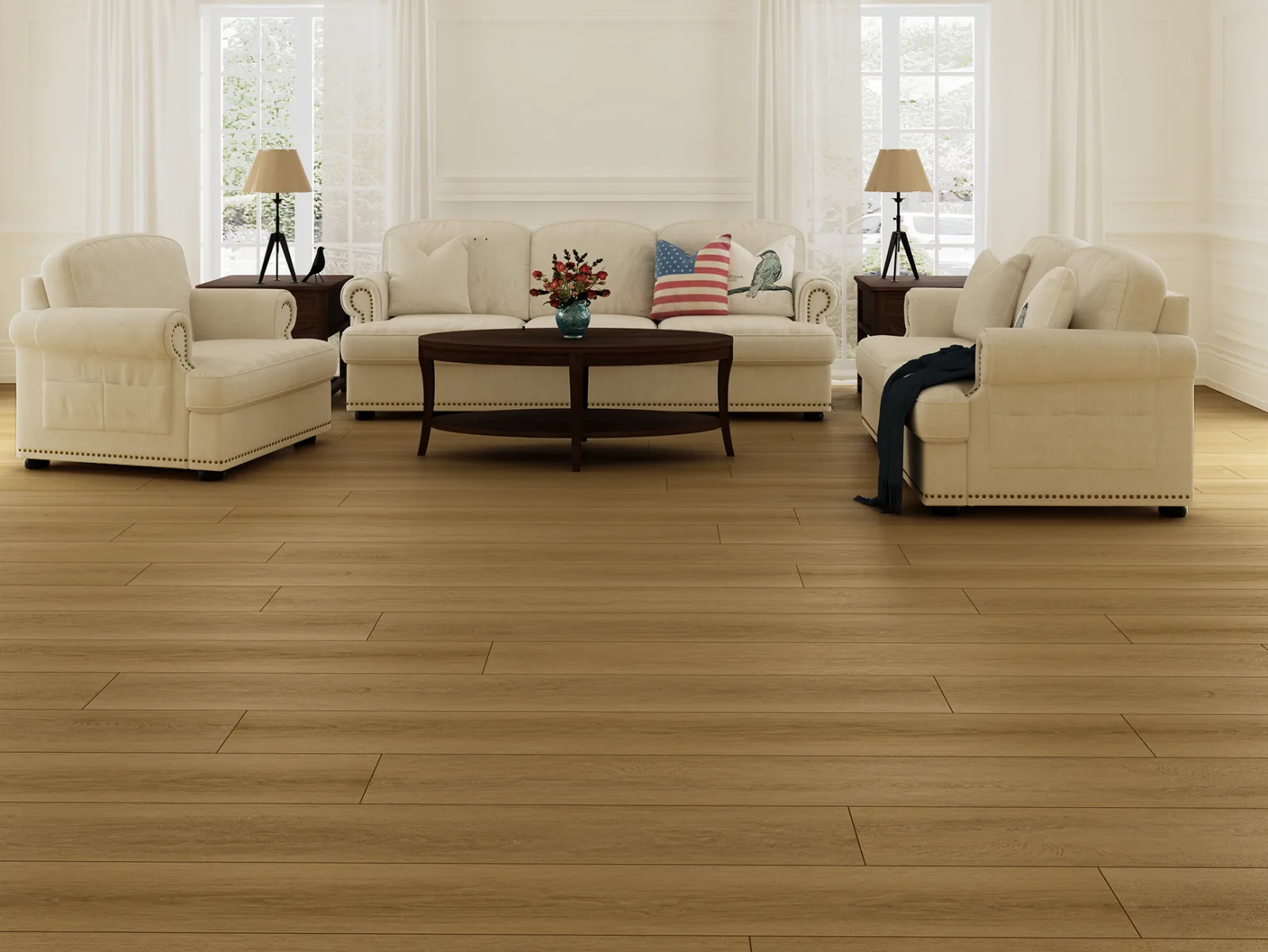 GemCore waterproof laminate flooring in a living room, realistic wood texture